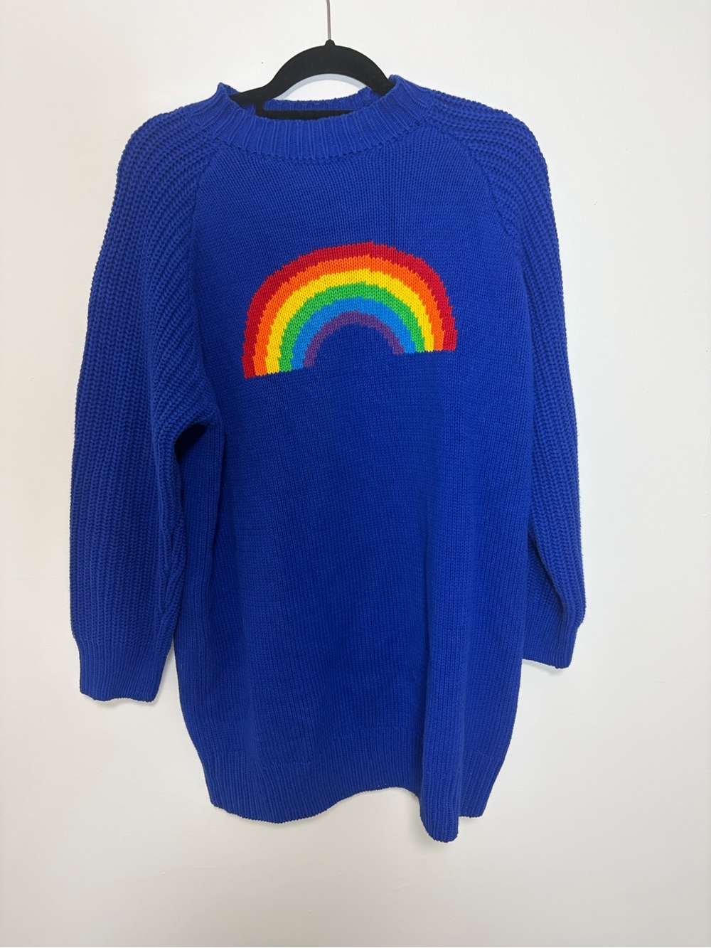 Lazy Oaf Royal Blue Rainbow chunky, textured knit,  Kawaii Crewneck Sweater.